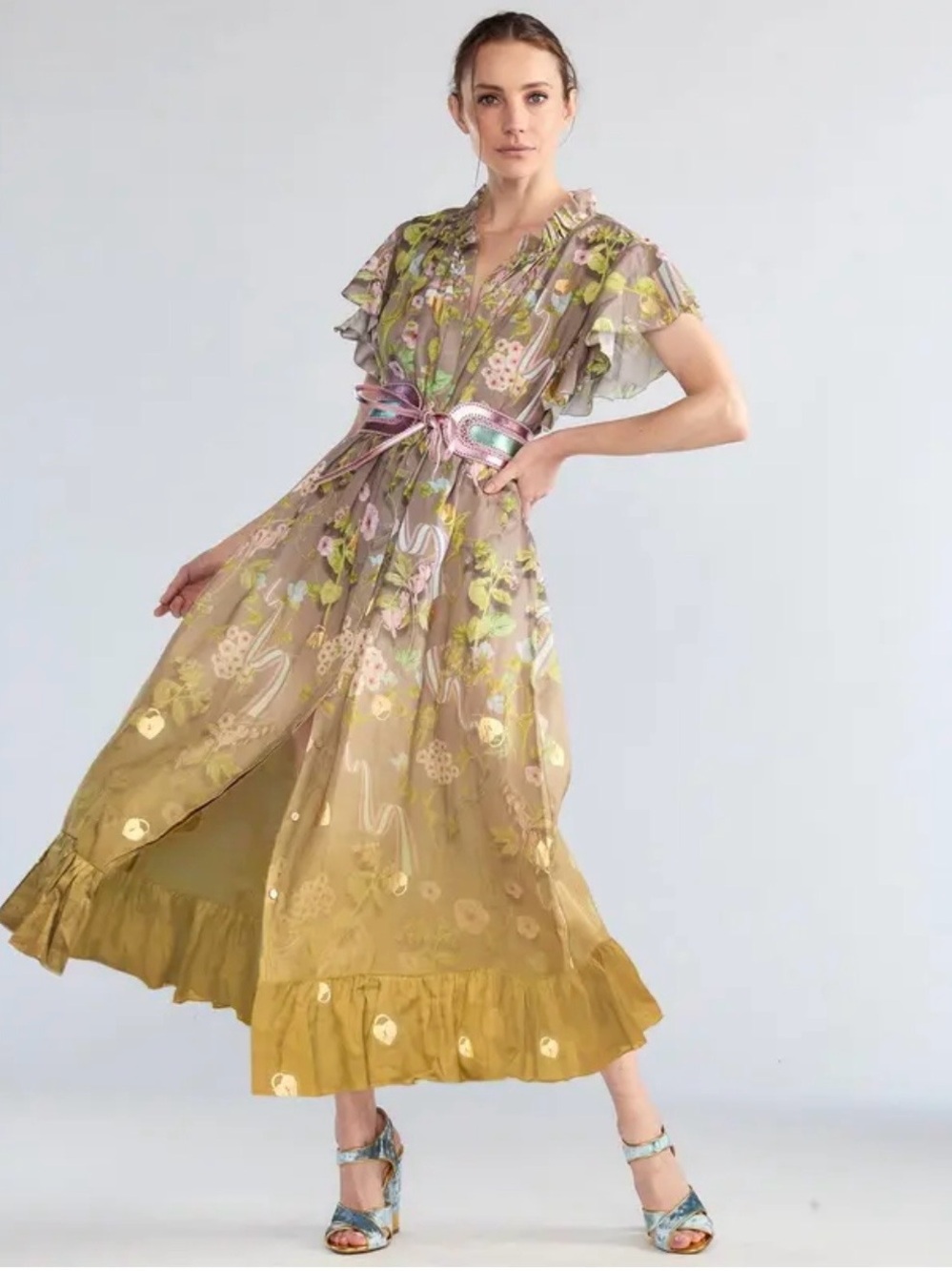 Cynthia Rowley Olive Green Floral Metallic Accent Maxi Dress